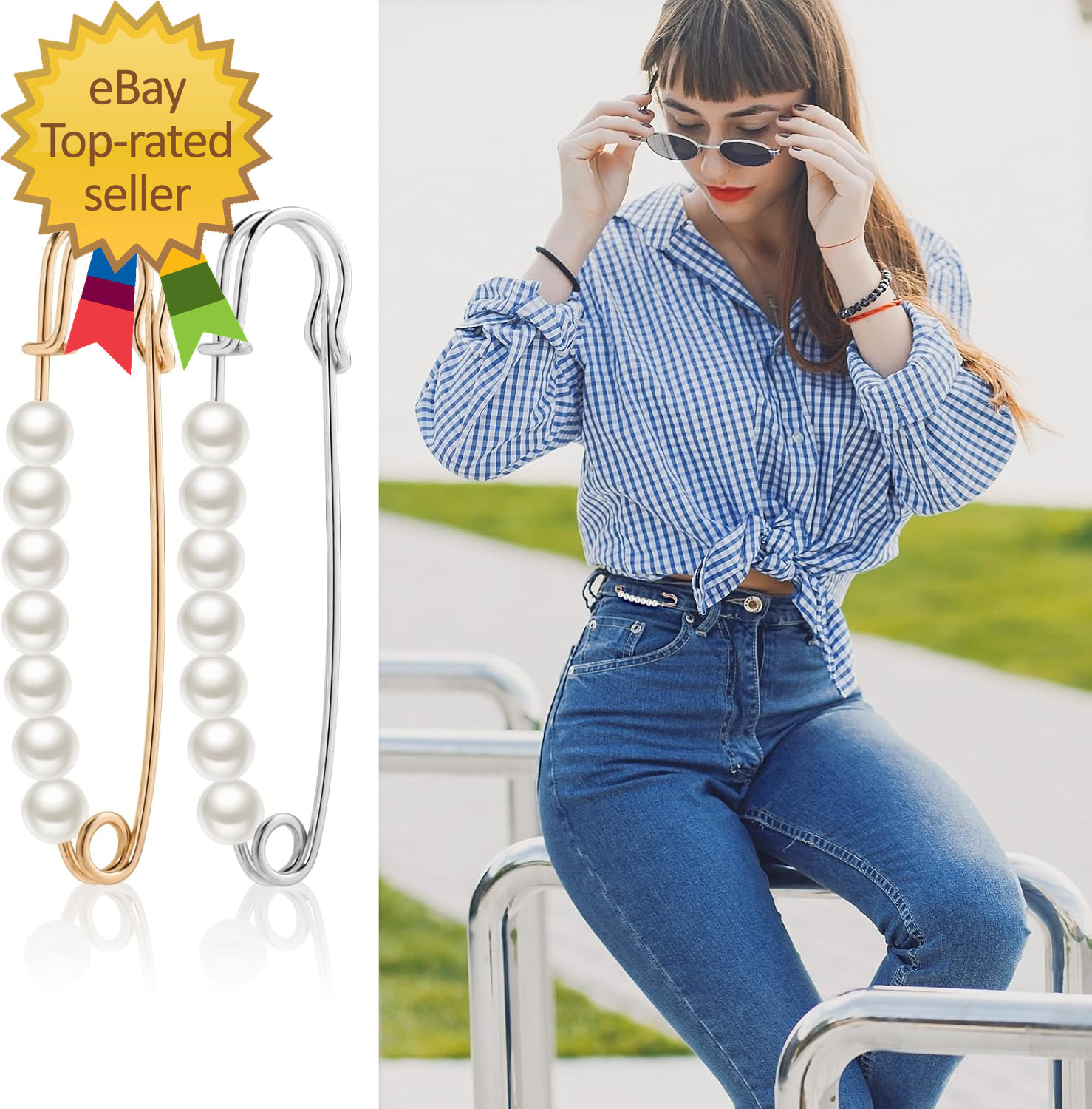 6 Pcs Faux Pearl Brooch Pins Decorative Safety Pins Pants Clips to Tighten