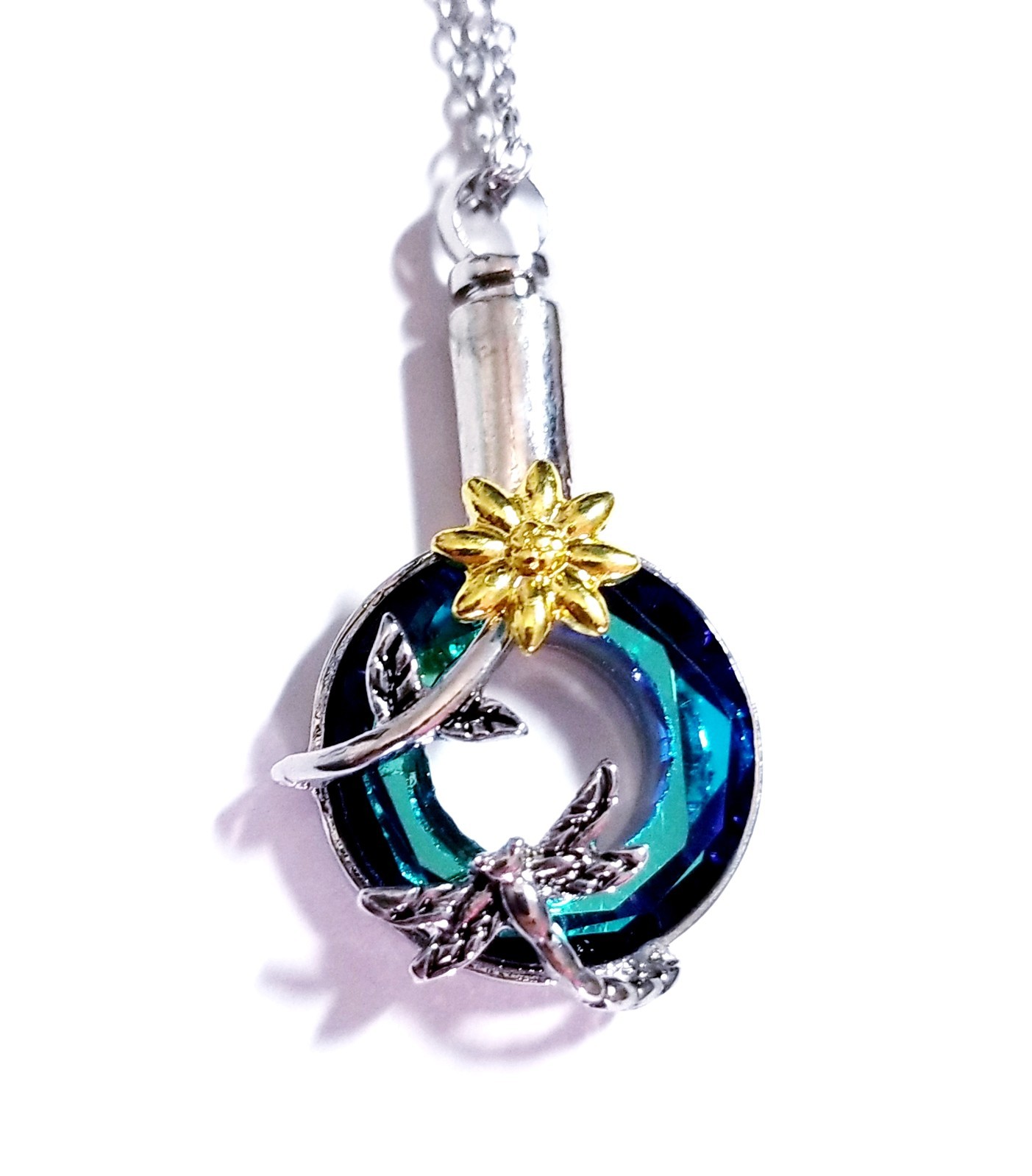 Silver Tone Urn Cremation Memorial Necklace Dragonfly Pendant for Ashes Blue