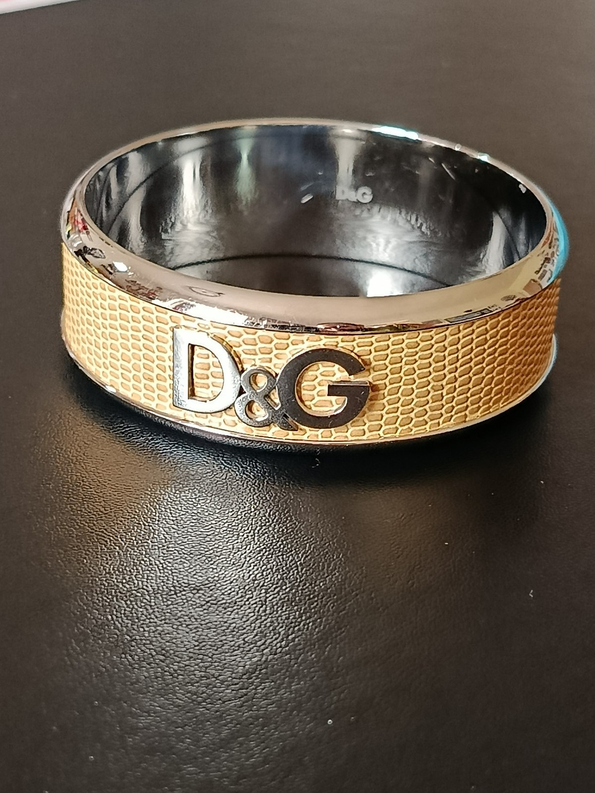 Dolce & Gabbana D&G Logo Bangle Bracelet Steel Leather Effect Cuff