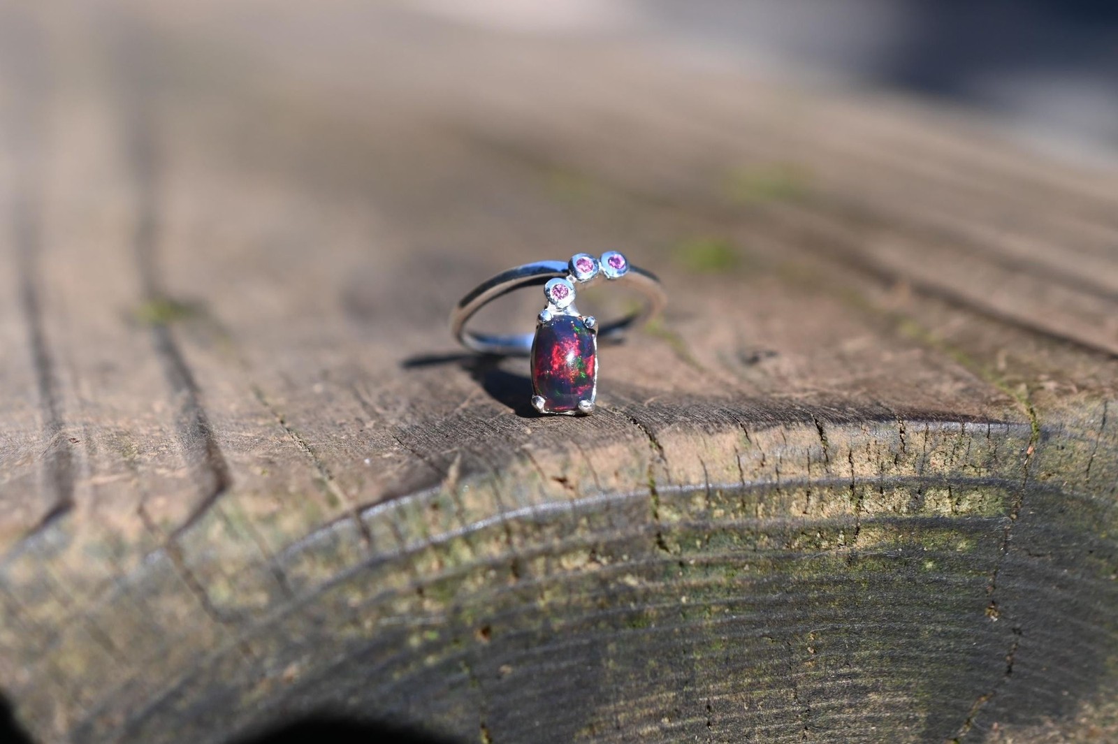 Black opal and garnet in sterling silver size 7, 7.35 7.5, 7.75, 8