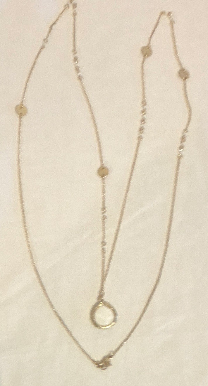 Gold Tone Metal Chain Necklace with Round Charm Pendant, Undated Era