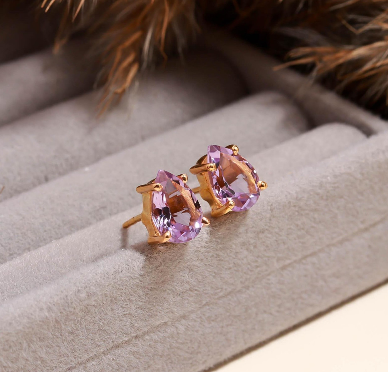 Natural Pink Amethyst Pear Stud Earrings Rose Gold Plated Solid Silver Jewelry