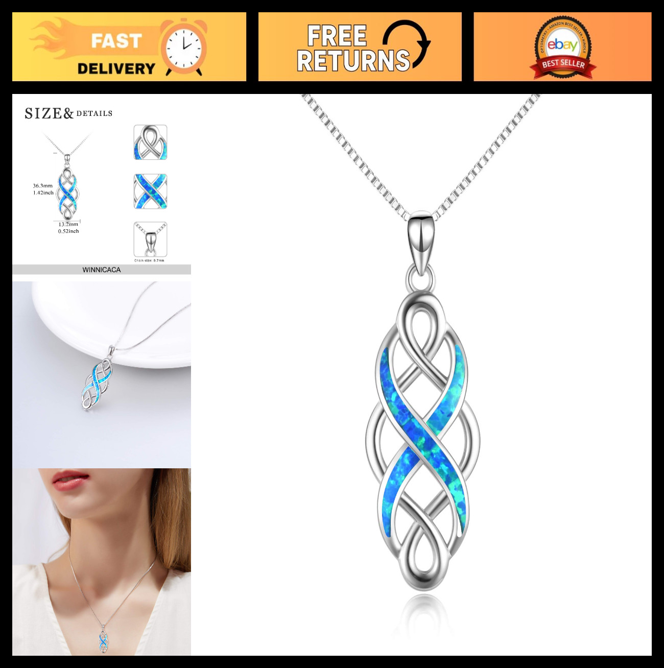 Celtic Knot Opal Pendant Necklace in Sterling Silver – Unisex 18″ Black Chain