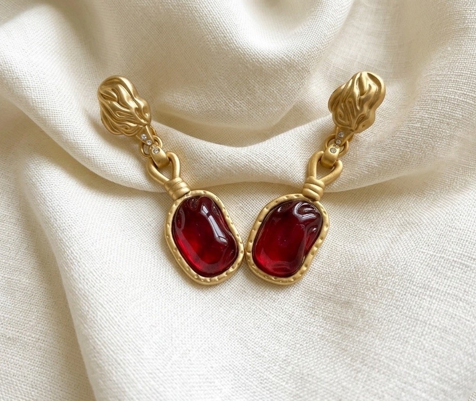 Art Nouveau Sculptural Earrings Antique Museum Gold Molten Chain VTG Abstract CZ