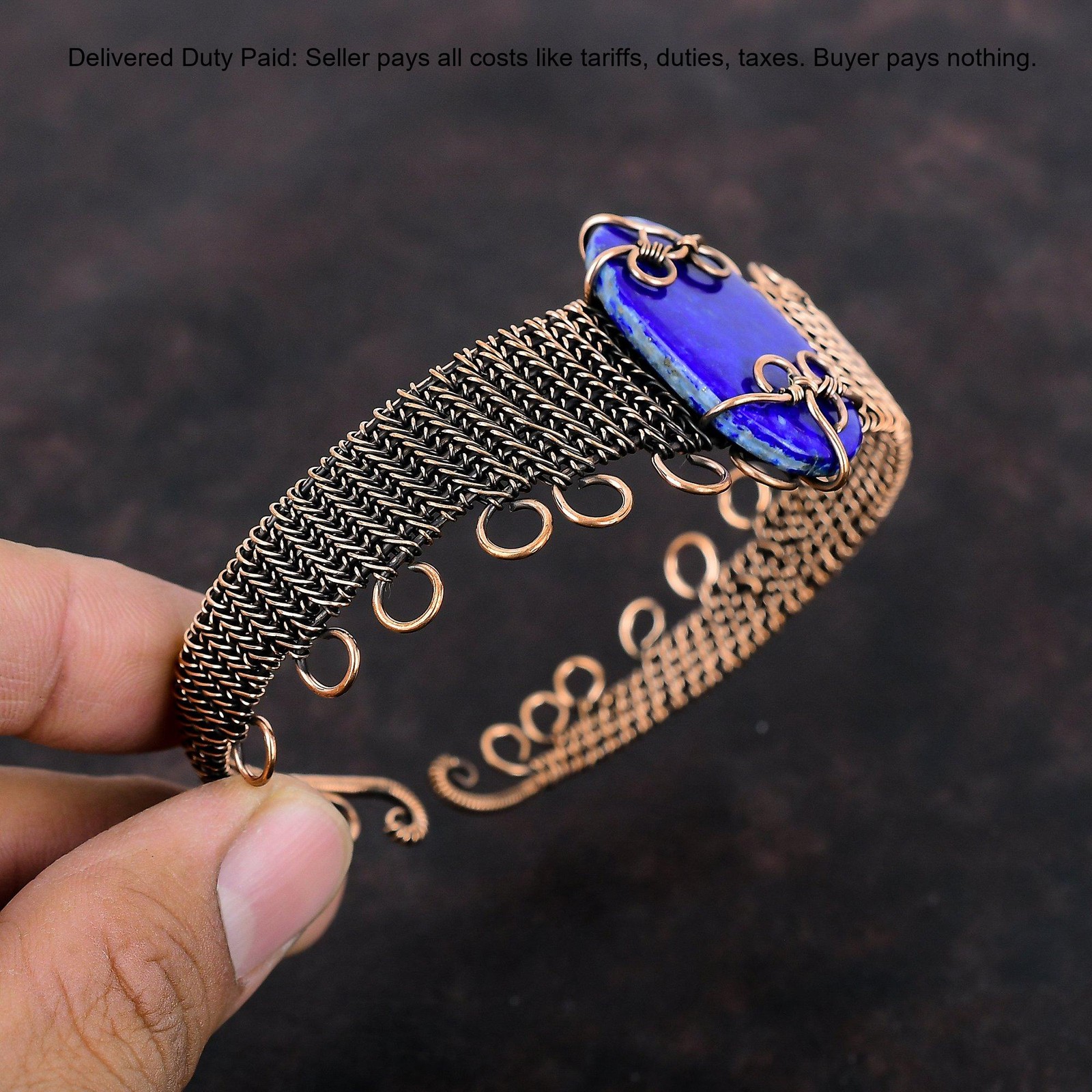 Lapis Lazuli Gemstone Daughter September Boho Wire Wrapped Bangle Jewelry Copper