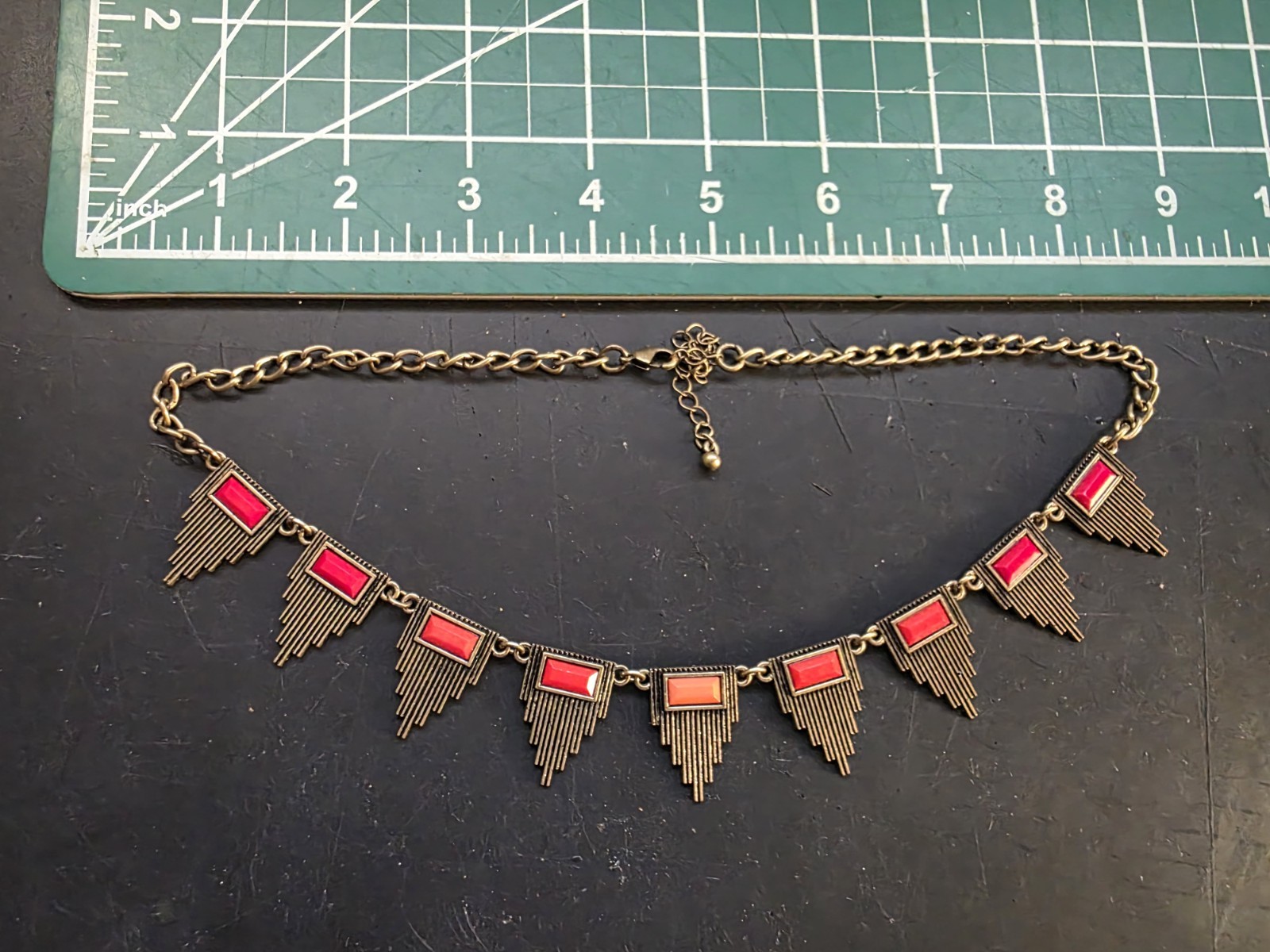 Vintage Art Deco Necklace Brass W/ Red.