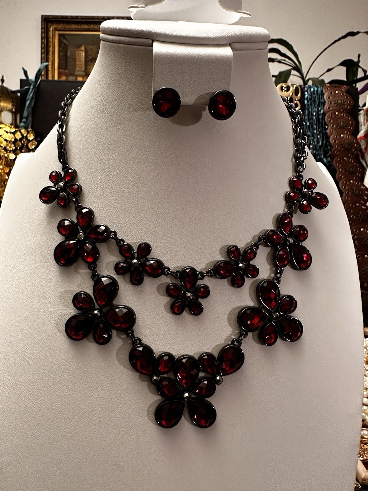 NWT Statement Necklace & Post Back Earrings black Metal and Red Glass