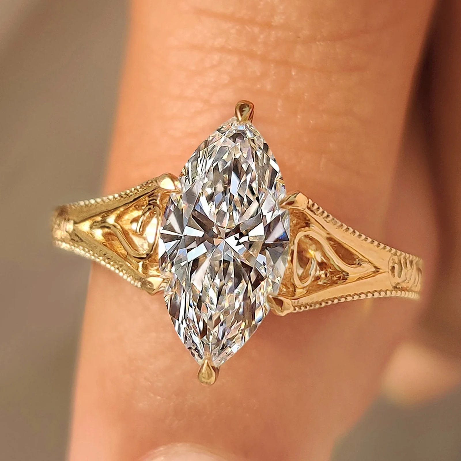 2.00CT Solitaire Lab Grown Diamond Marquise Cut Diamond Ring in Milgrain Details