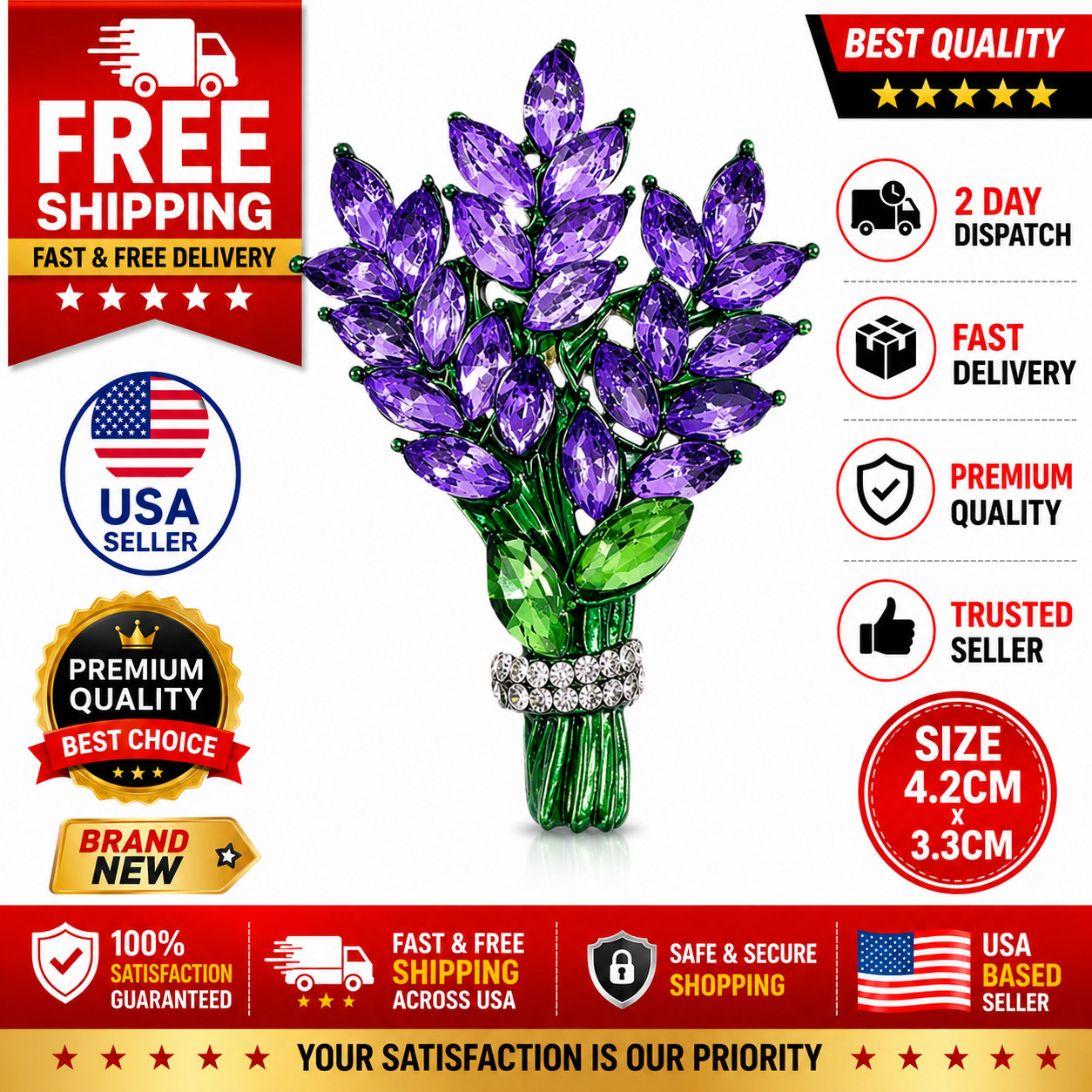 Purple Lavender Crystal Flower Brooch Elegant Rhinestone Pin Perfect Gift Women