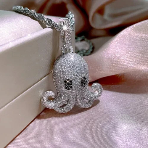 1.77 Ct Round Cut Simulated Diamond Octopus Charm Pendant 14K White Gold Plated