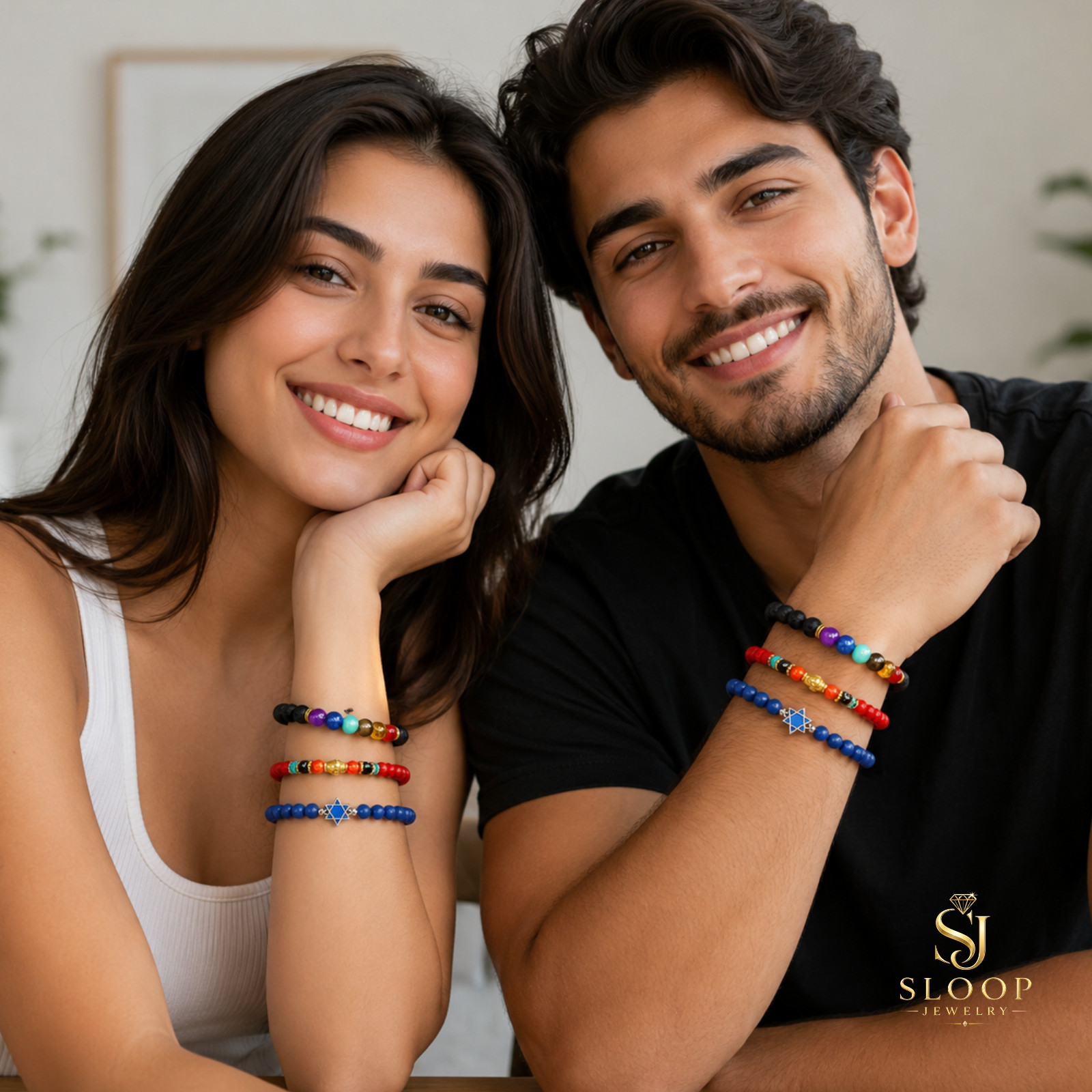 Colorful Bead Bracelet Trio – Evil Eye, Star of David & Black Lava Rock