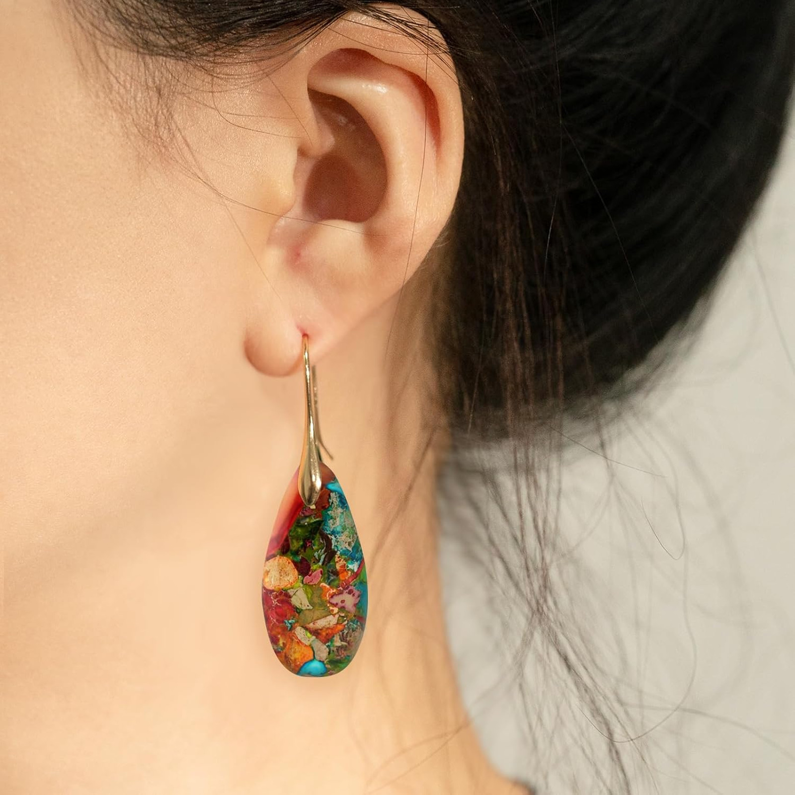 Natural Healing Stone Fishhook Dangle Drop Earrings Gold Silver Statement