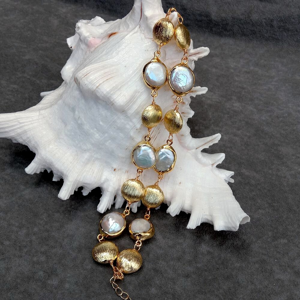 2 Rows Freshwater Cultured White Coin Pearl Brushed Bead Bracelet Women Jewelry