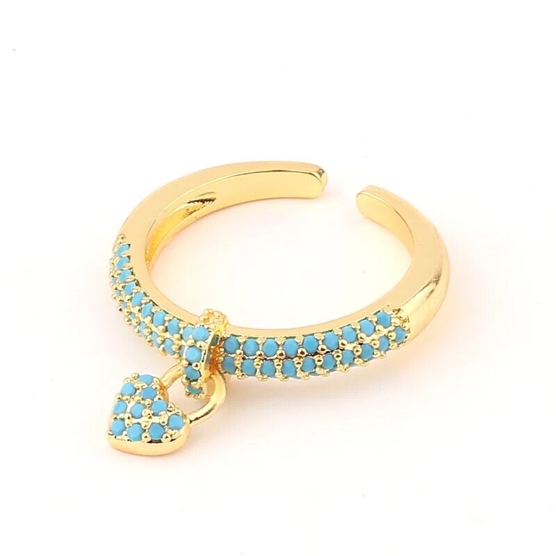 ZARD Dangling Heart Cham Open Ring with 14 K Gold Plating and Turquoise Accent