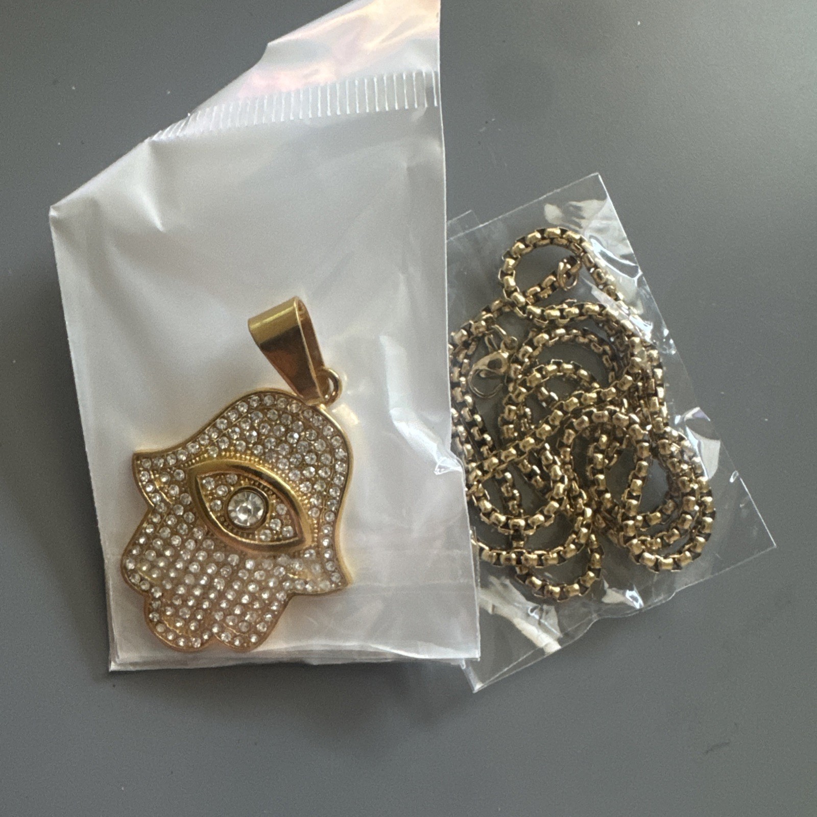 Gold Plated Hamsa Eye Cubic Zirconia Pendant 24 Inch Necklace Religious Faith