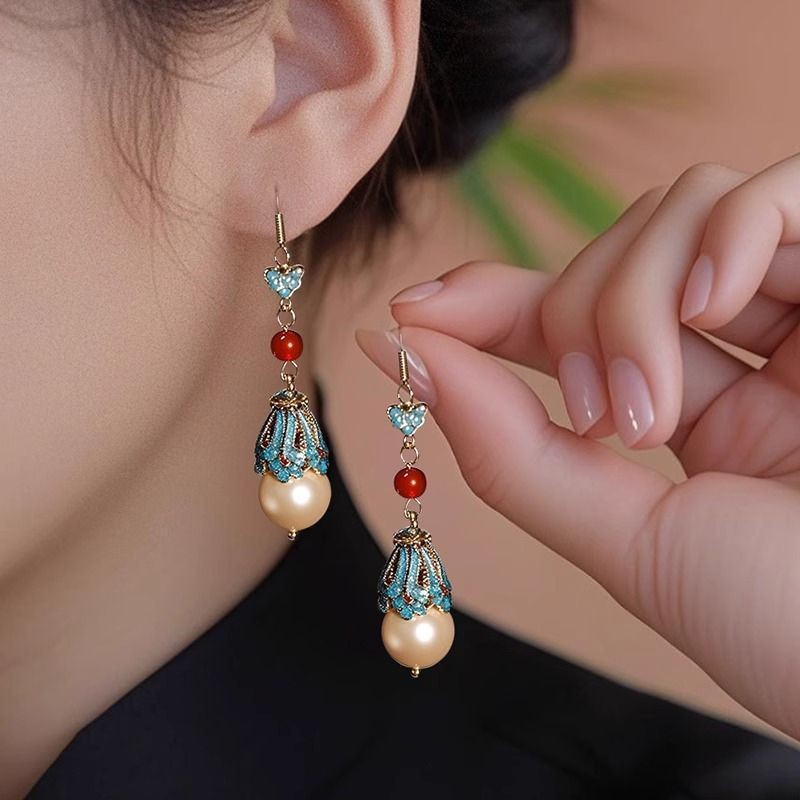 Chinese Style Enamel Red Pearl Dangle Earrings New Chinese Hanfu Jewelry