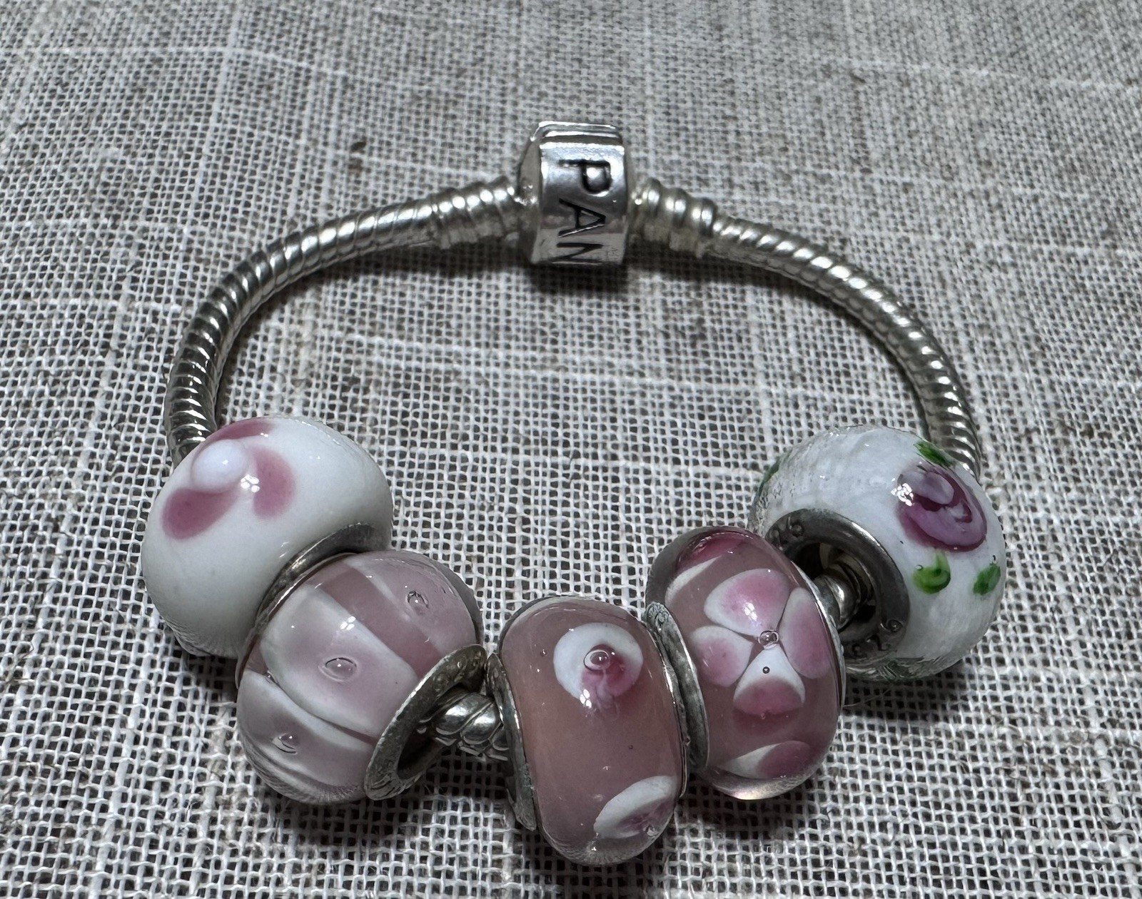Silver Snake Chain Charm Bracelet w/ Pink & White Glass Beads, Barrel
