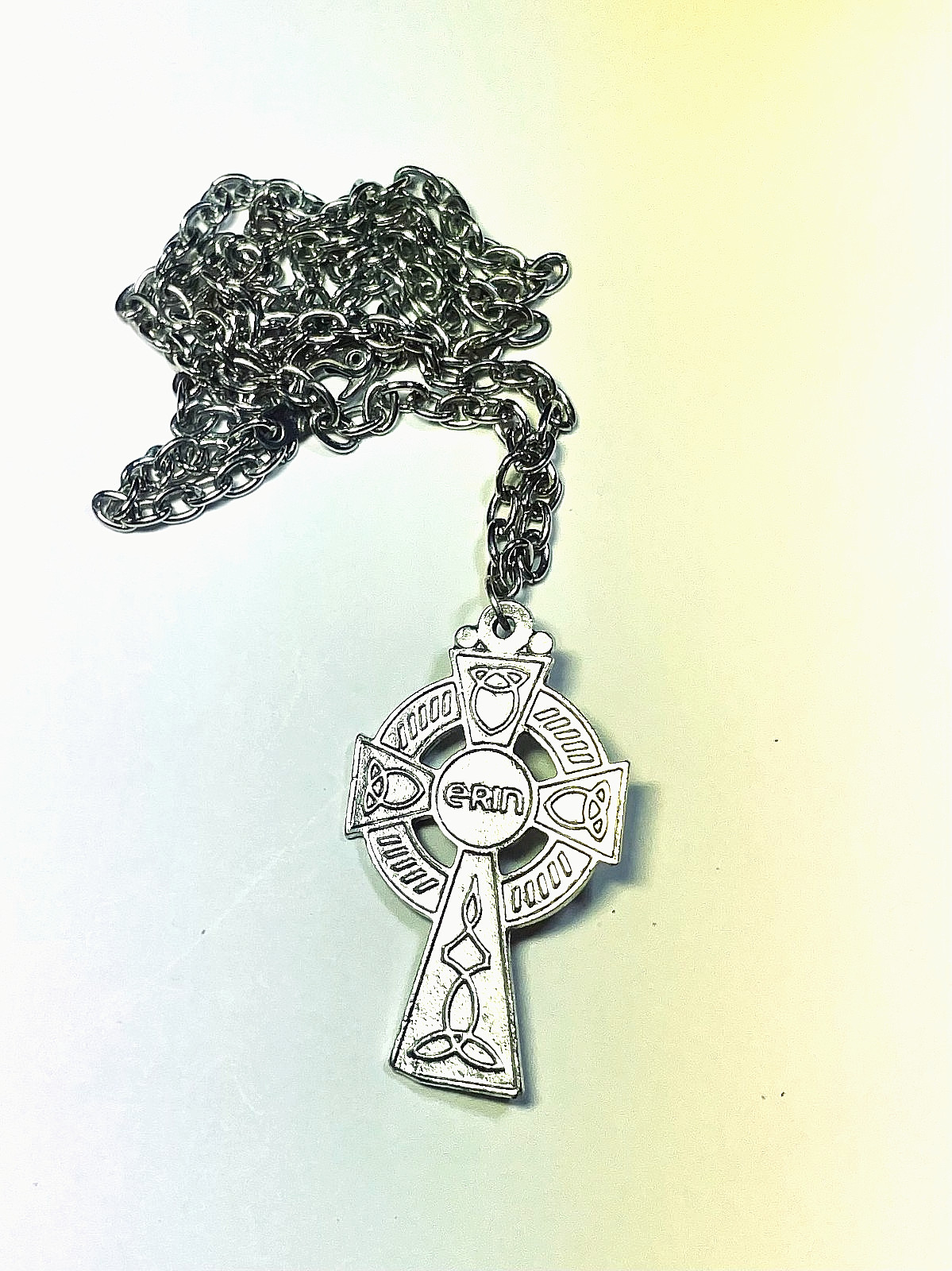 Irish Crucifix Necklace, Silver, 24 ” Chain, Lobster Claw Fastener