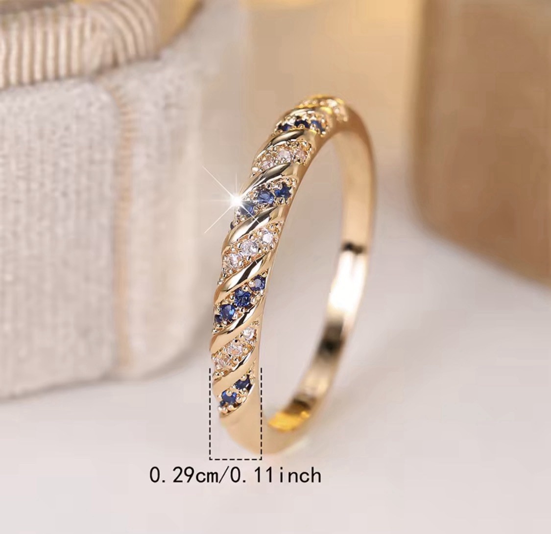 Gold Tone Twisted Band Ring Metal Blue & Clear Stones 2.9mm Wide