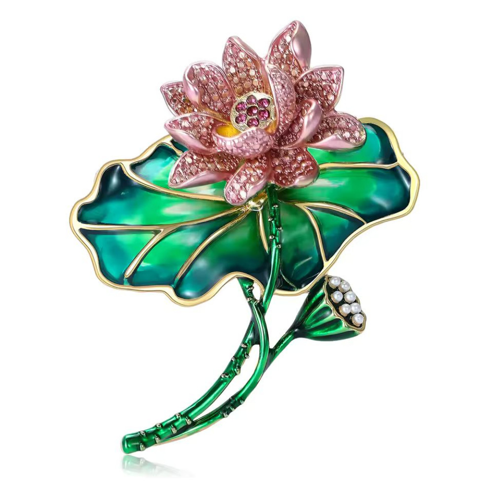Gold Pink Lotus Flower Brooch Pearl Enamel Rhinestone Pin Summer Jewelry Gift