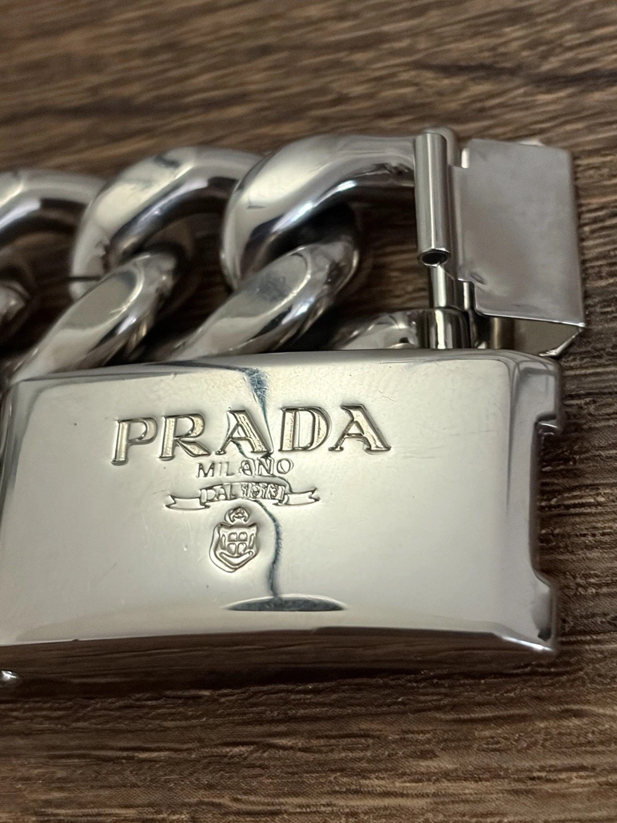 Rare Prada Silver Tone Jumbo Curb Chain Link Necklace Belt With Box Clasp, Great