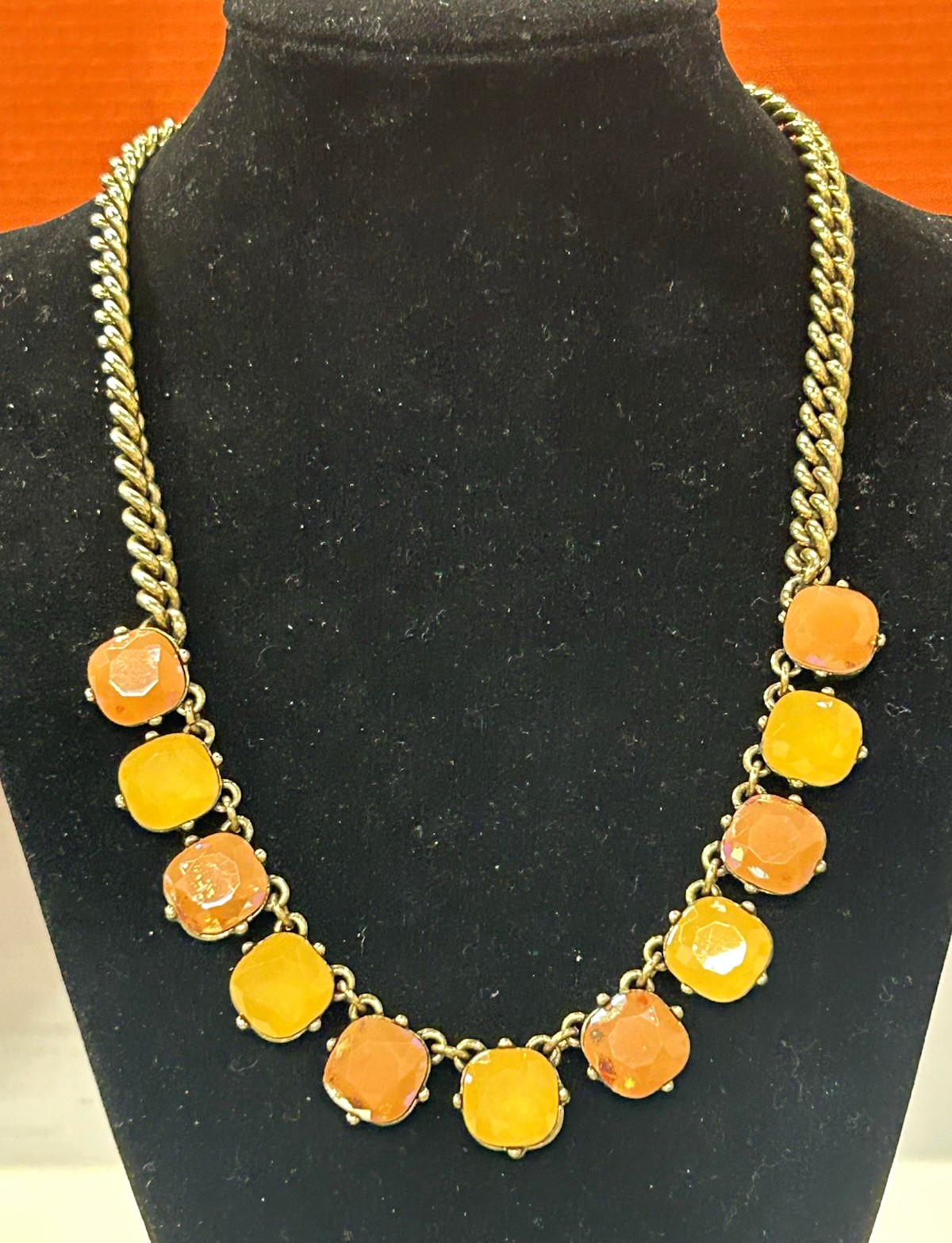 J. Crew opalescent necklace orange yellow cushion rhinestones