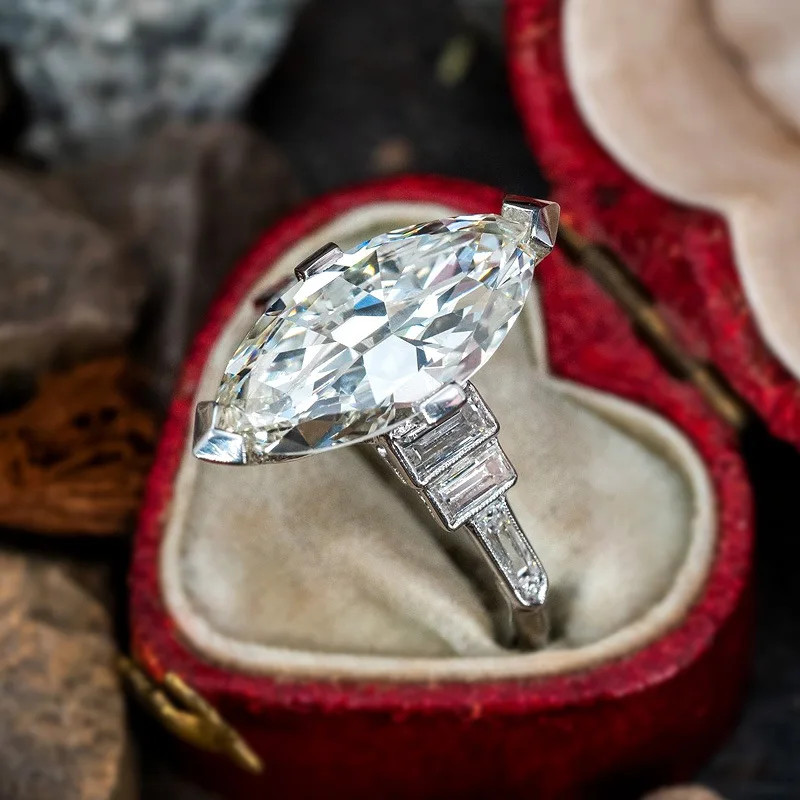 Platinum Rhodium Diamond Ring with Baguette Side Stones Engagement Jewelry
