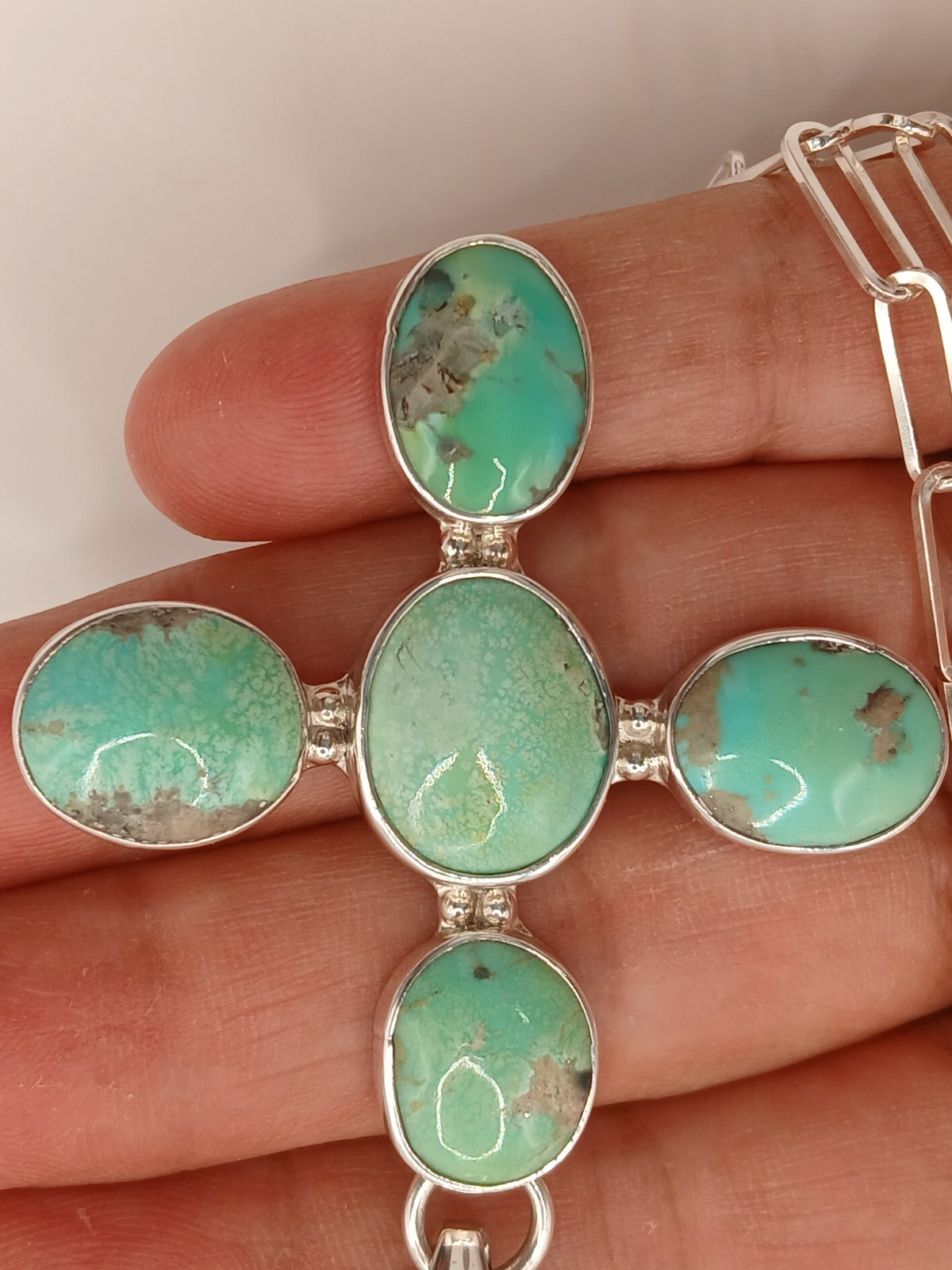 Sterling Silver 925 Paperclip Chain Natural Green Turquoise Cross Pendant 24in