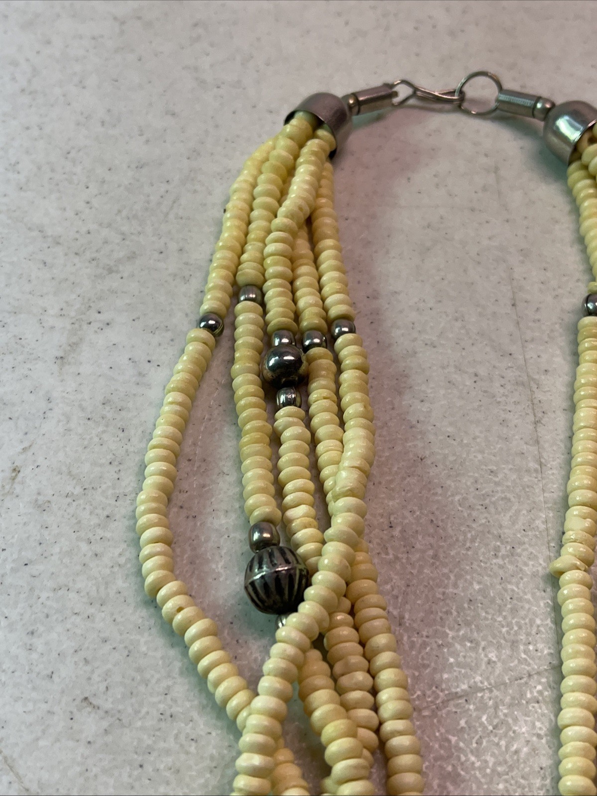 Multi Strand Cream/Silver Bead 19.5” Necklace Round Disk Native American Looking