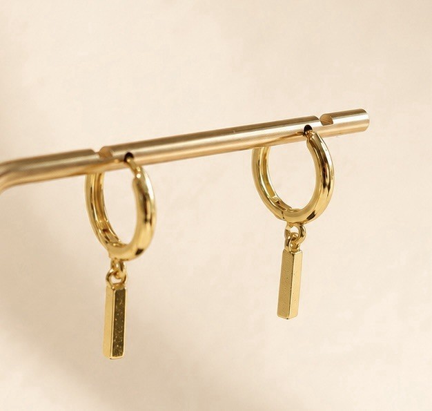 18K Gold Plated Dangle Bar Huggie Earrings Dainty Small Hoop Drop Earrings 052