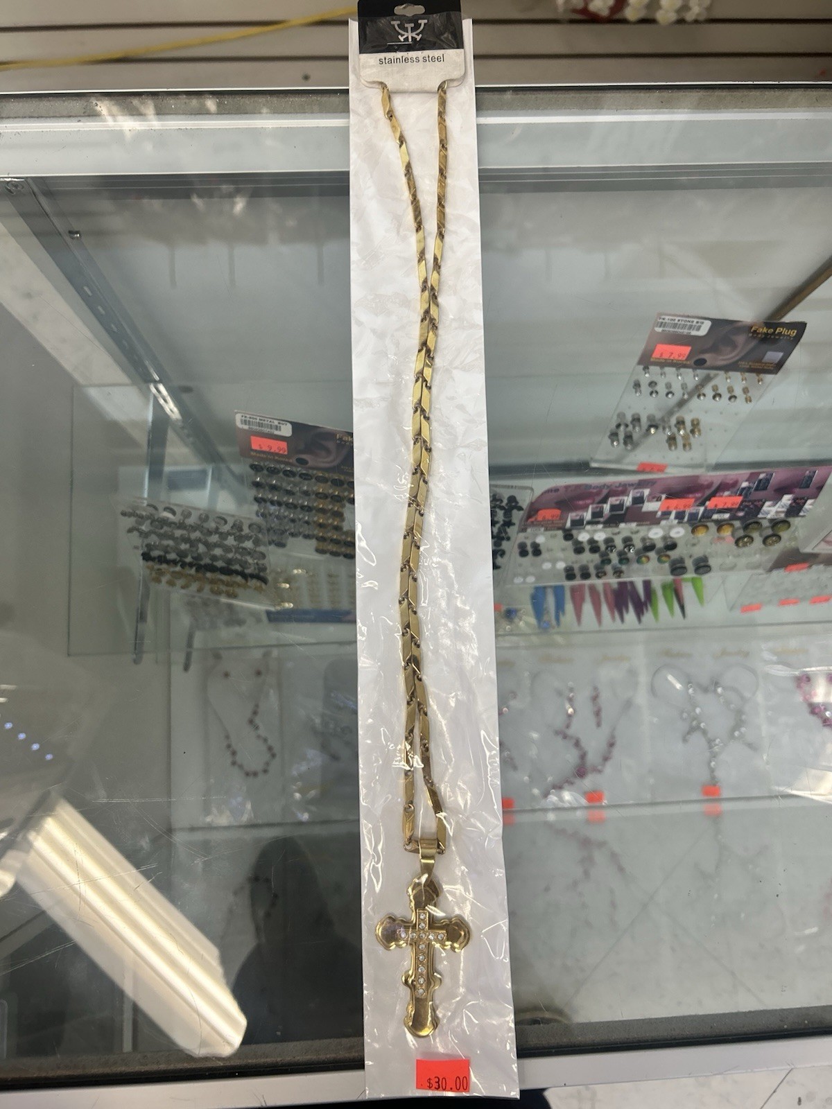 Stainless Steel Gold Tone Cross Pendant Necklace Set Textured Link Chain