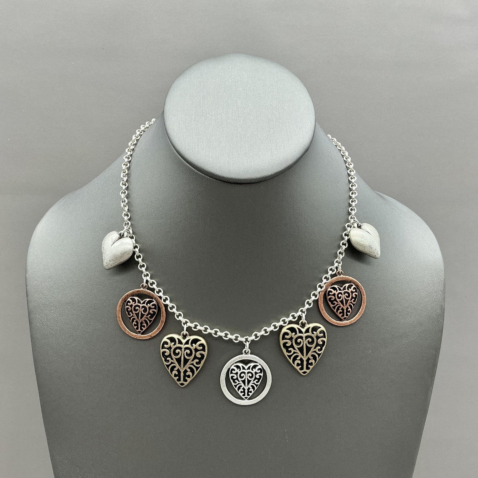Premier Designs Necklace Multicolor Heart Charm Filigree Pendant Womens Jewelry