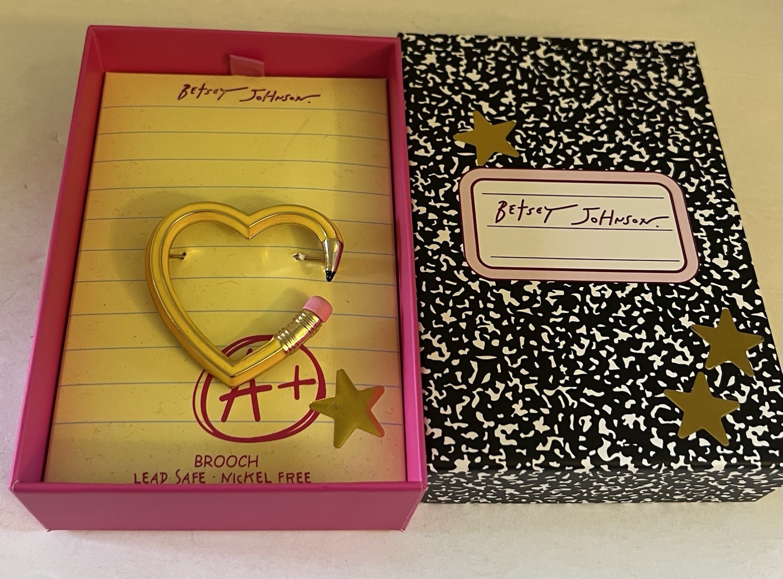 Betsey Johnson Brooch Heart Pencil Yellow With Star Accent NWT With Box
