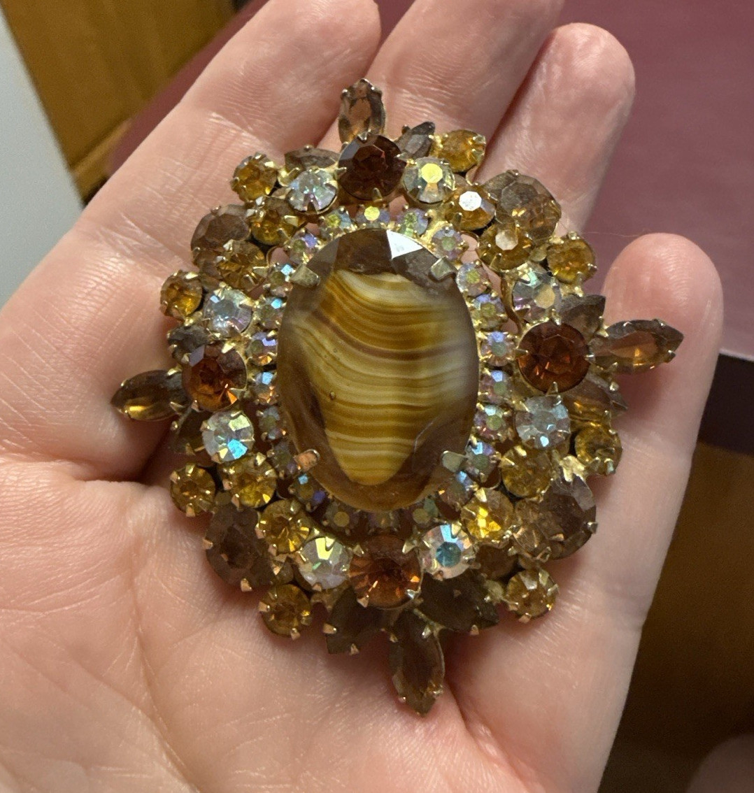 Gold Tone Metal Oval Brooch Pin, Brown Oval Glass Cabochon, Rhinestones