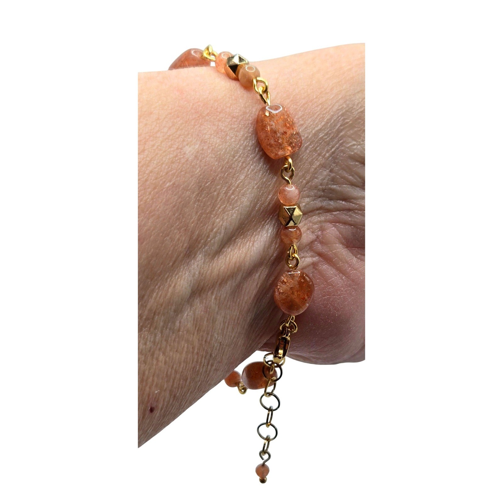 Natural Sunstone Beaded Bracelet 24k Gold Plated, Adjustable Handcrafted