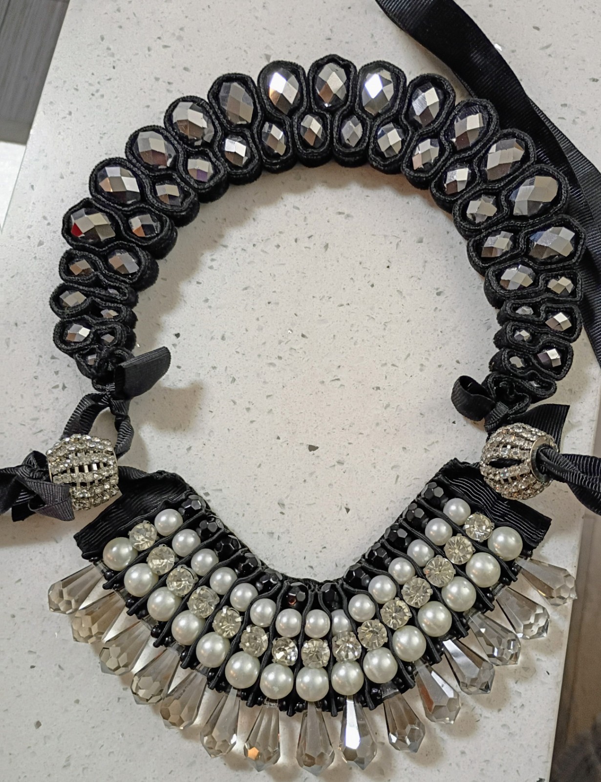 RBG collar necklace: Dual sided Black Silver Crystal Necklace