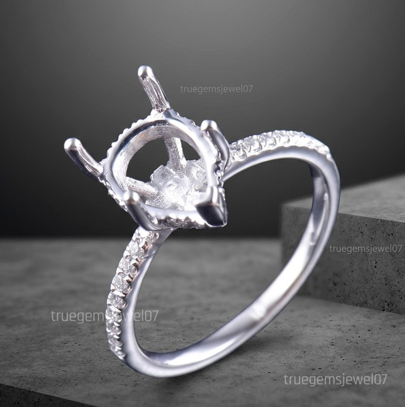 925 Sterling Silver Semi Mount Ring Setting Halo Pear Cut 10x7mm Fine Jewely