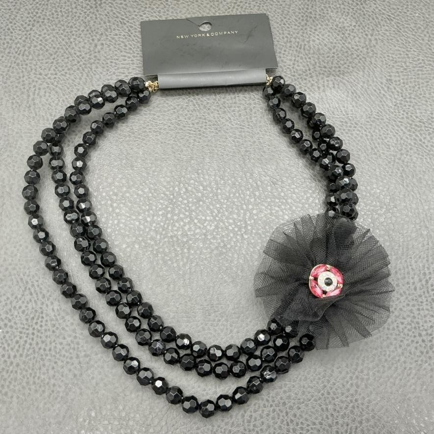 New York & Company Statement Necklace Black Beaded Multi-Strand Rhinestone