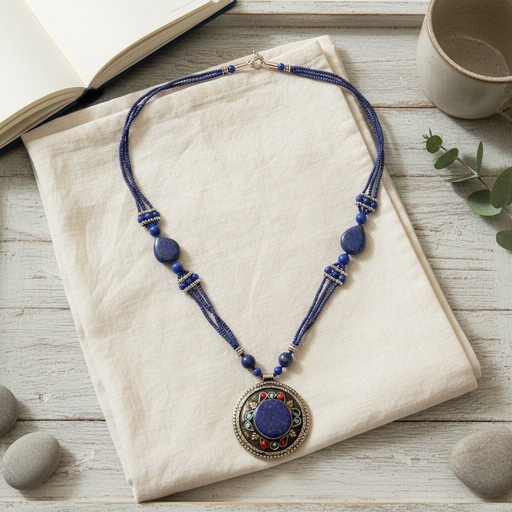 Lapis Lazuli Accent Beaded Necklace Ornate Pendant Blue Seed Bead 24 Inch