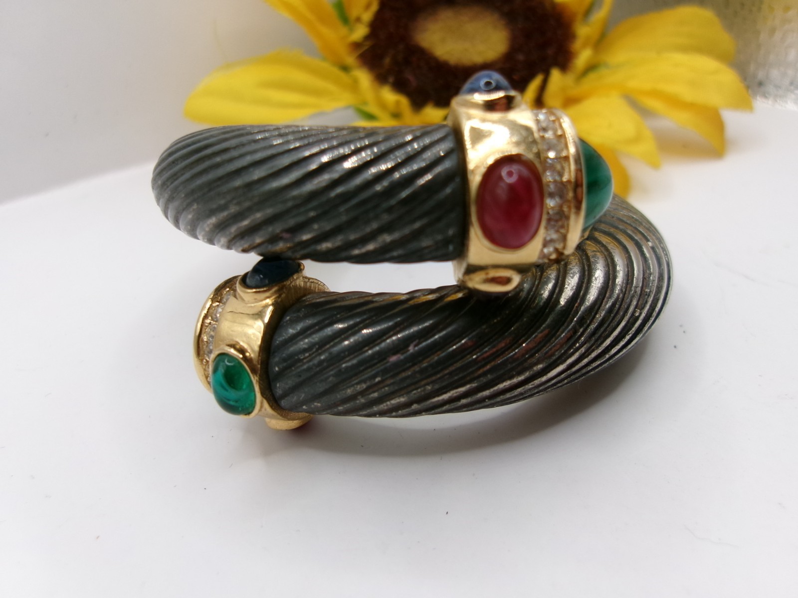1980’s VINTAGE GIVENCHY GRIPOIX MULTI COLOR CABOCHON GUN METAL BYPASS BRACELET