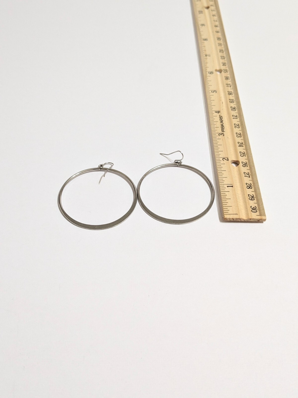 Silver Tone Hoop Hook Dangle Flat Edge Earrings. Modern. 2 1/4″.