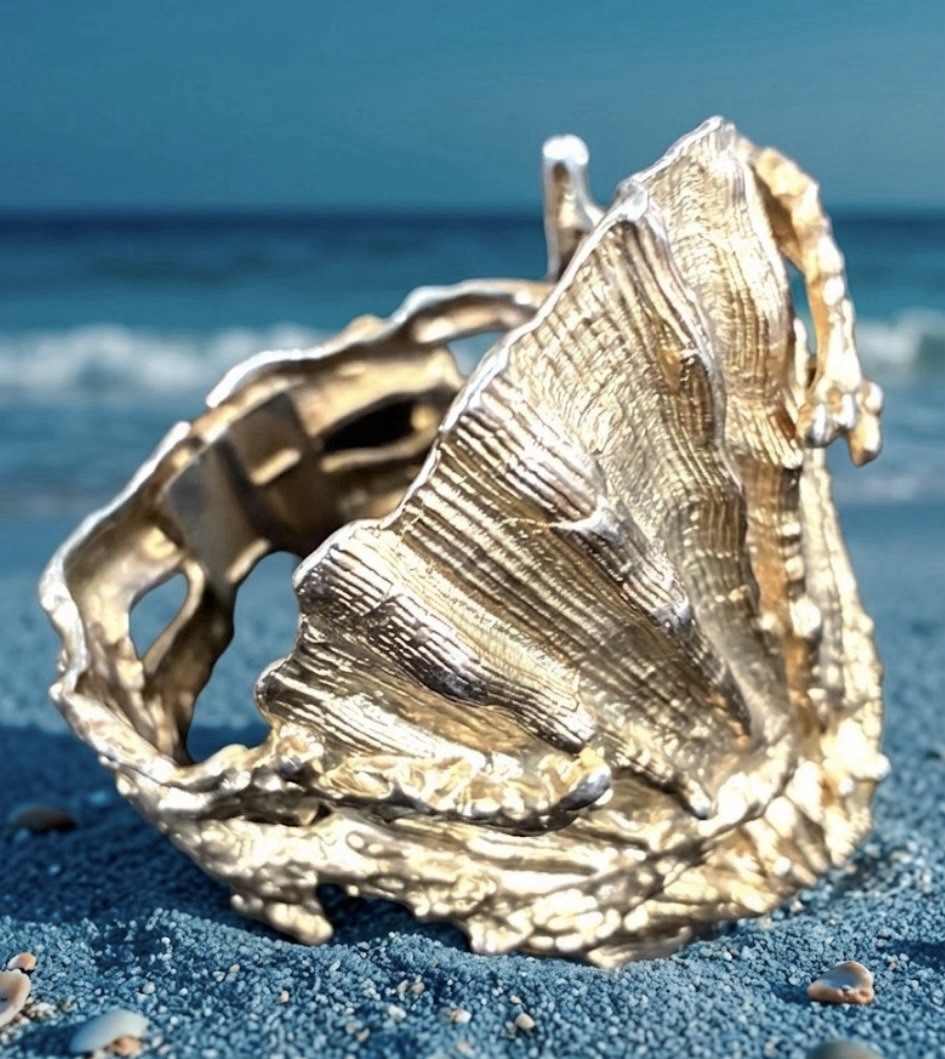 24k Gold Plate Cadoro Bracelet Seashell Cuff Coral Bangle Rich Finish Statement