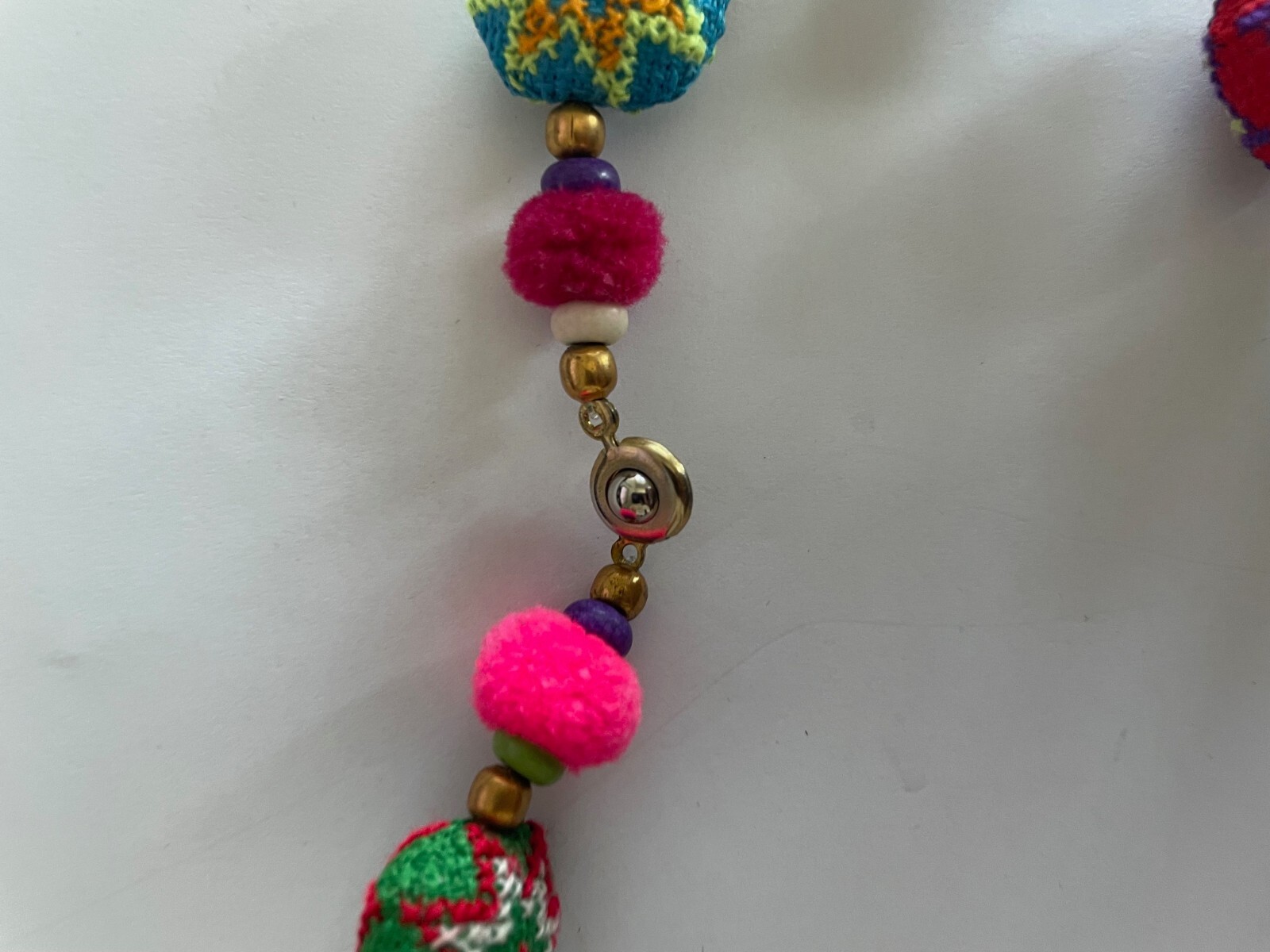 Fabric beaded necklace with glass and metal separators, 16″