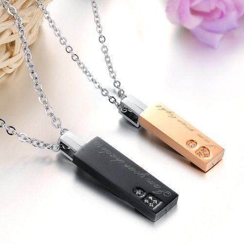 Uhibros His and Hers Matching Set Titanium Plated Couple Pendant Necklace Box