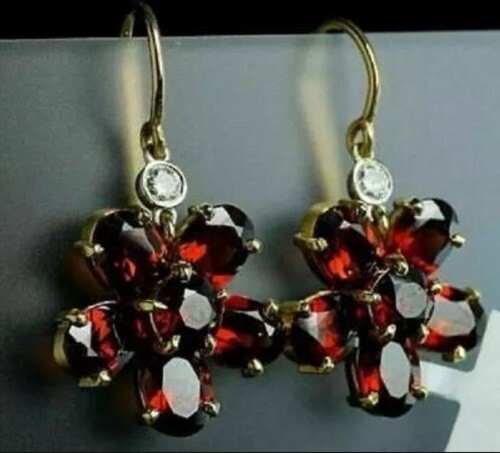 4Ct Lab Created Red Garnet Drop Dangle Flower Hook Earrings 14K Yellow Gold Over