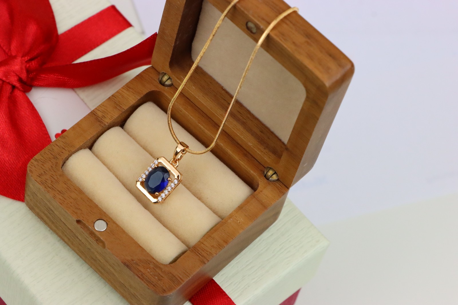 Rose Gold Rectangle Pendant with Blue Stone and Crystal Accents, XPPT1276