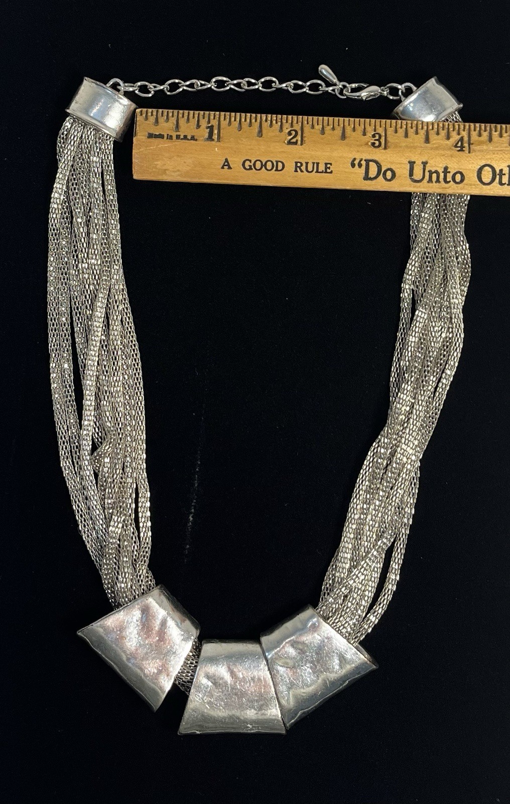 Silver-Toned Statement Necklace Multi-Strand Mesh Chains Trapezoid Pendants