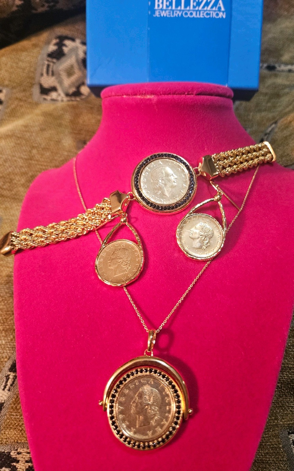Signed Bellezza 3pc Italian Lira Coin Set Necklace Bracelet Earrings 18K GP NEW