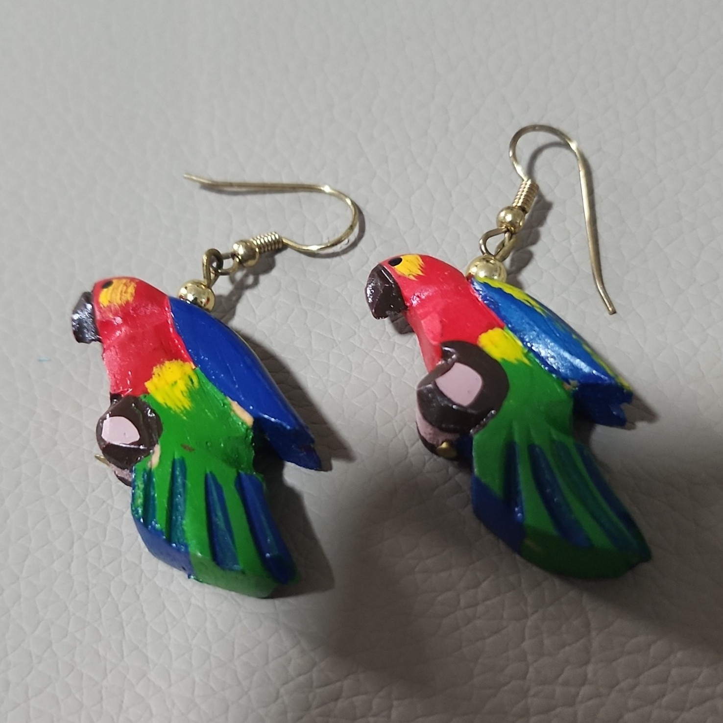 Hand-Painted Multicolor Wood Parrot Dangle Drop Hook Earrings No Stone