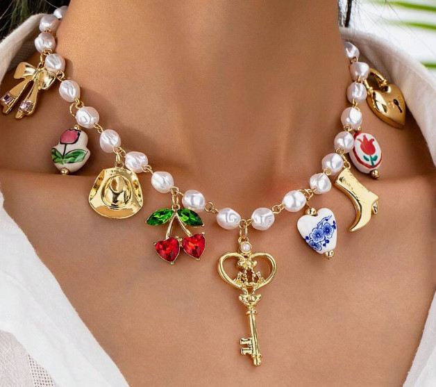 NECKLACE, Charm Necklace, Hand painted Ceramic, Faux Pearl Necklace (Ceramic